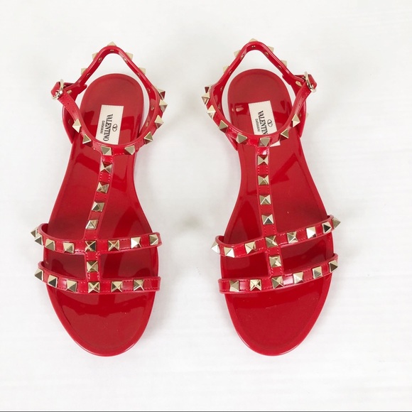 Valentino Shoes - Valentino Red Rockstud Flat Rubber Sandals